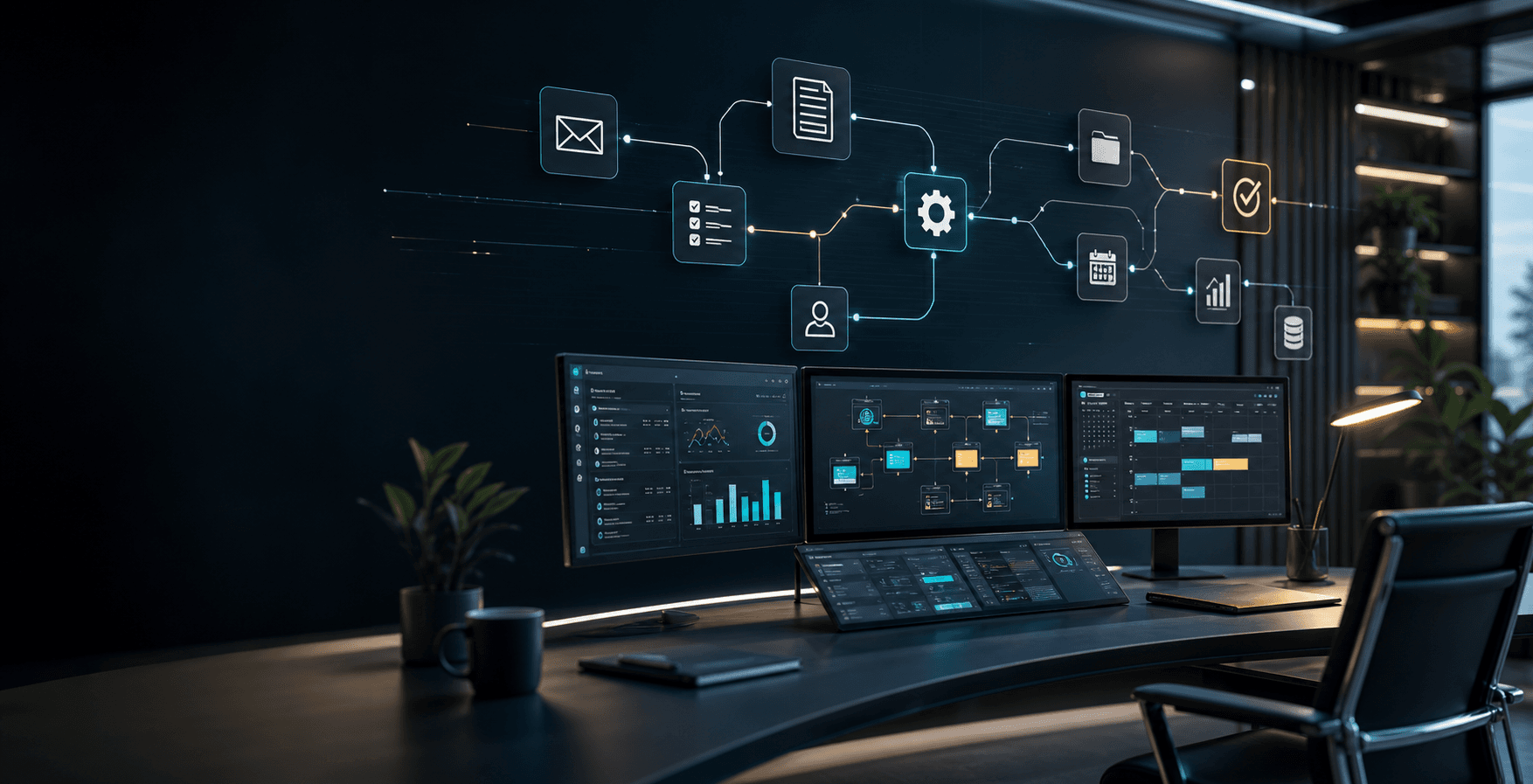 Modern automation command center showing connected workflows and dashboards