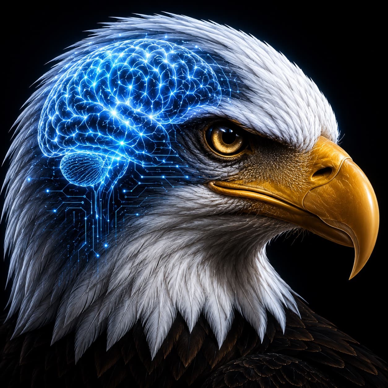 Close-up EEOS eagle with a visible illuminated AI brain and electric blue intelligence signals