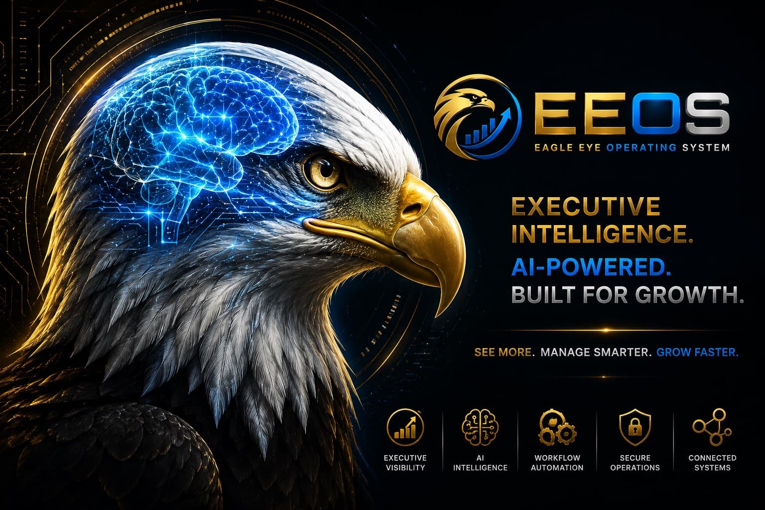 EEOS executive intelligence eagle with an illuminated AI brain
