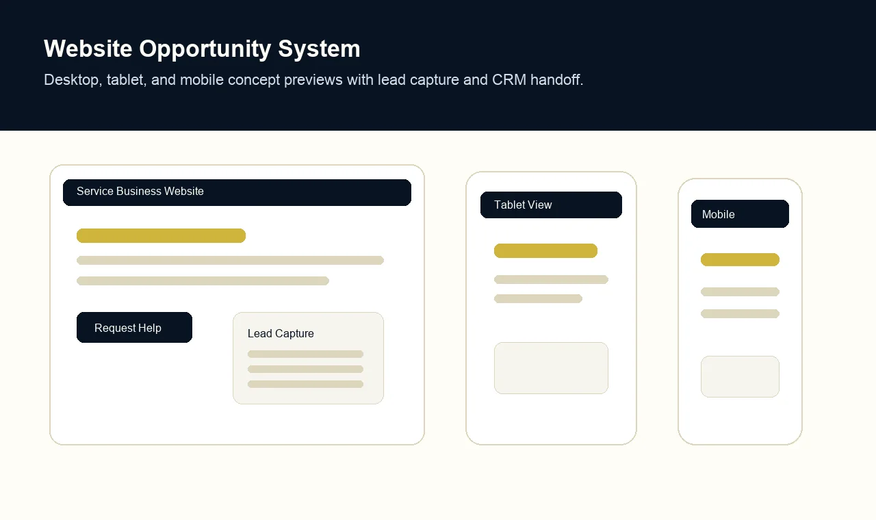 Sanitized website samples showing desktop, tablet, and mobile concept previews for business websites